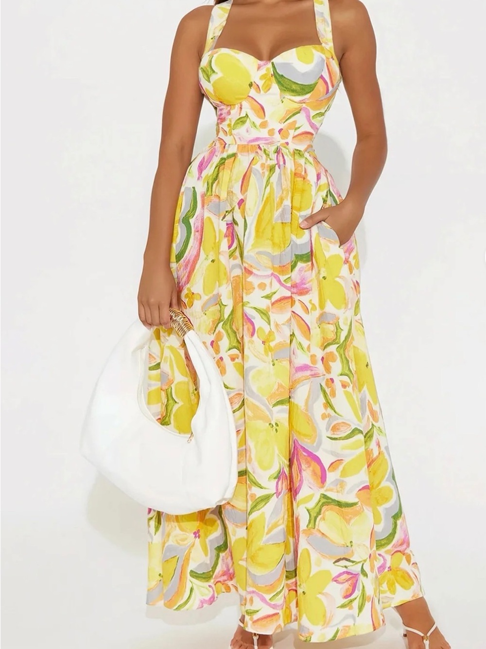 Fashion Nova Yellow Floral Halter Maxi Dress with Pink & Green Accents